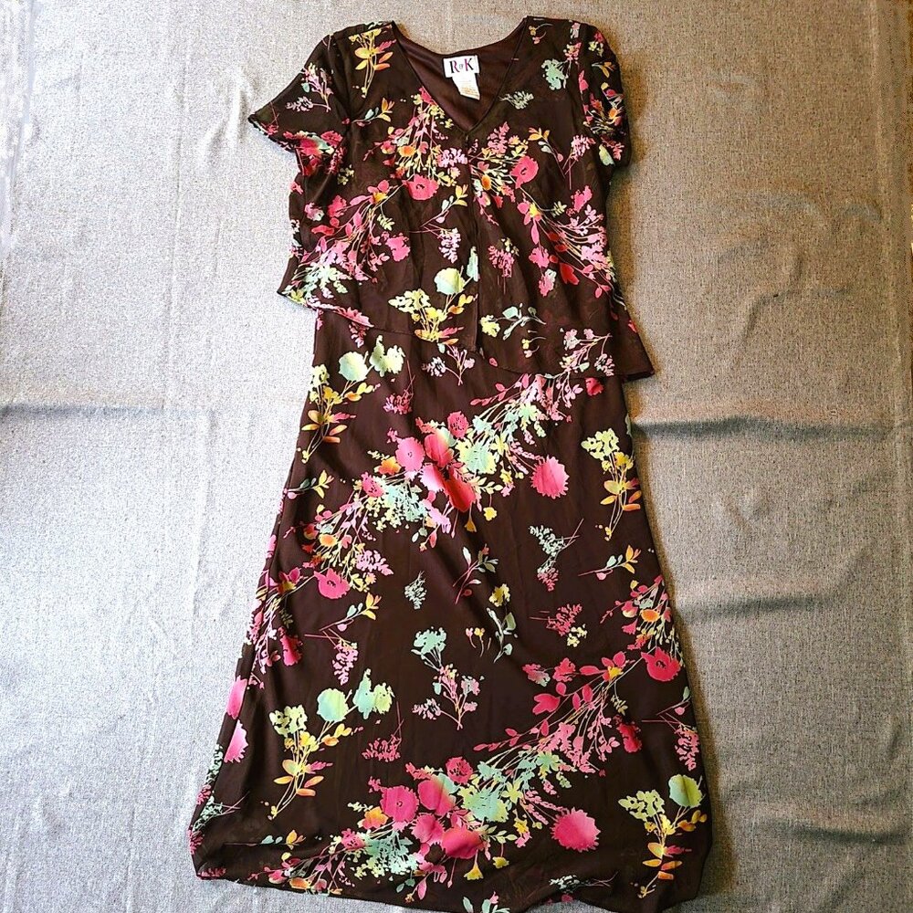 R&K Floral Maxi Dress Women's Size 12 Brown Lined Asymmetrical Attached Overlay